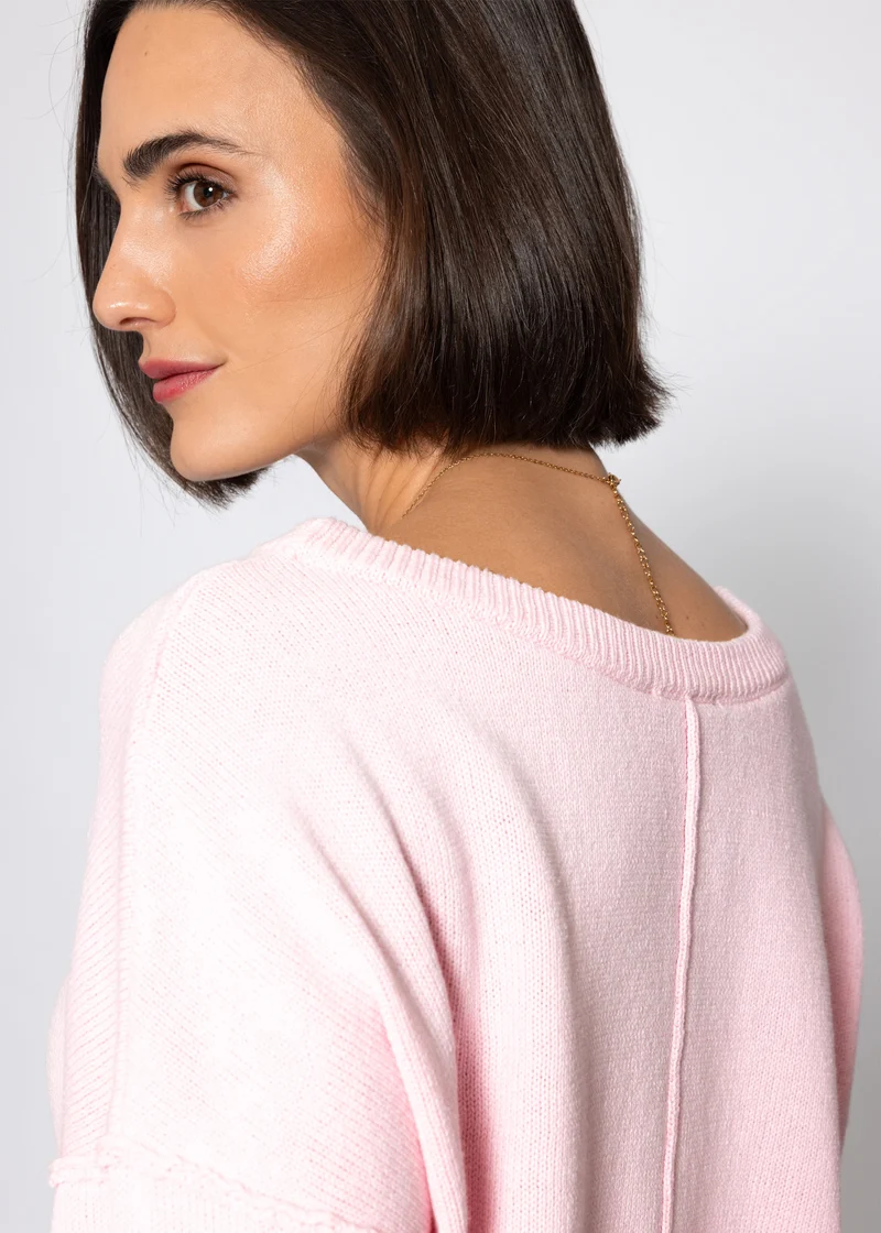 Oversize Baumwoll-Pullover mit Rückennaht - rosa