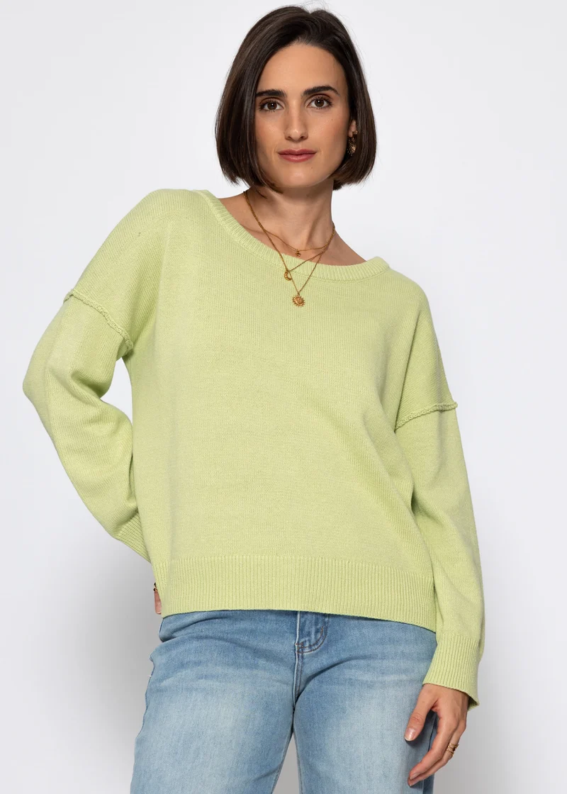 Oversize Baumwoll-Pullover mit Rückennaht - hellgrün