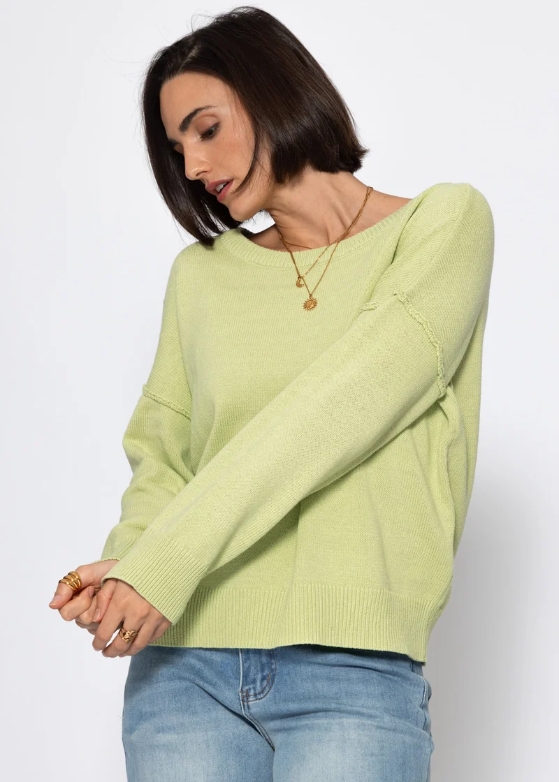Oversize Baumwoll-Pullover mit Rückennaht - hellgrün