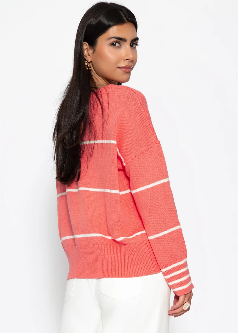 Feinstrickpullover mit Kontraststreifen - koralle