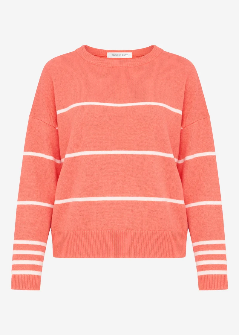 Feinstrickpullover mit Kontraststreifen - koralle