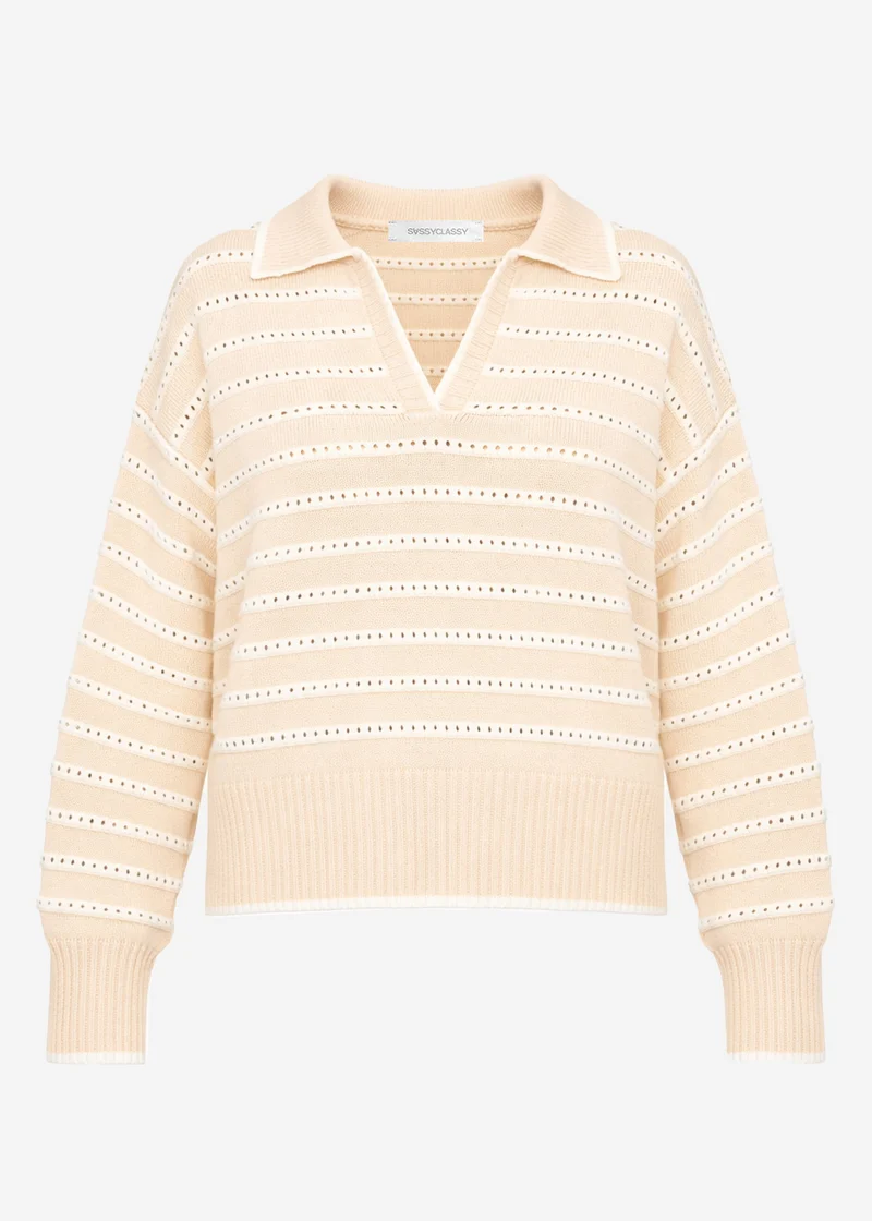Feinstrickpullover mit Polokragen und Ajourstreifen - beige