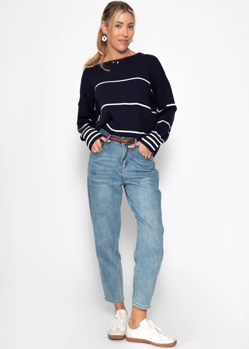 Feinstrickpullover mit Kontraststreifen - dunkelblau