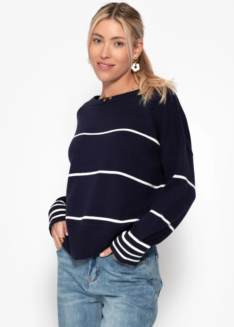 Feinstrickpullover mit Kontraststreifen - dunkelblau