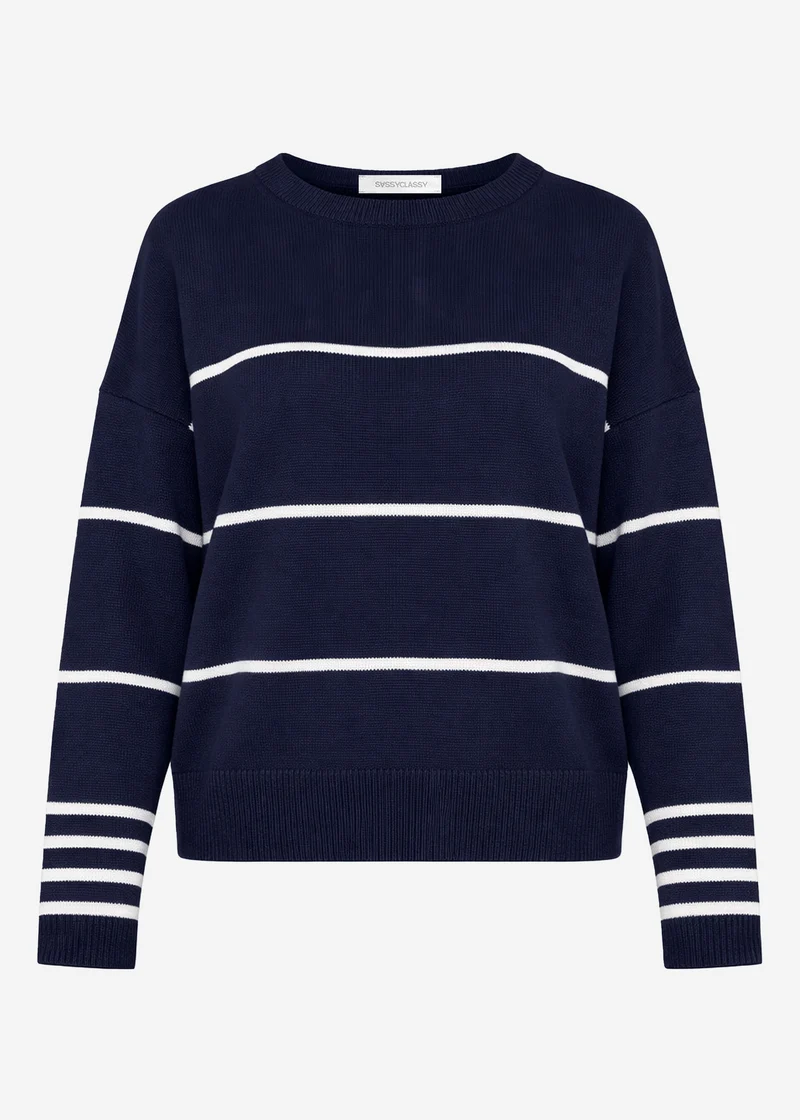 Feinstrickpullover mit Kontraststreifen - dunkelblau