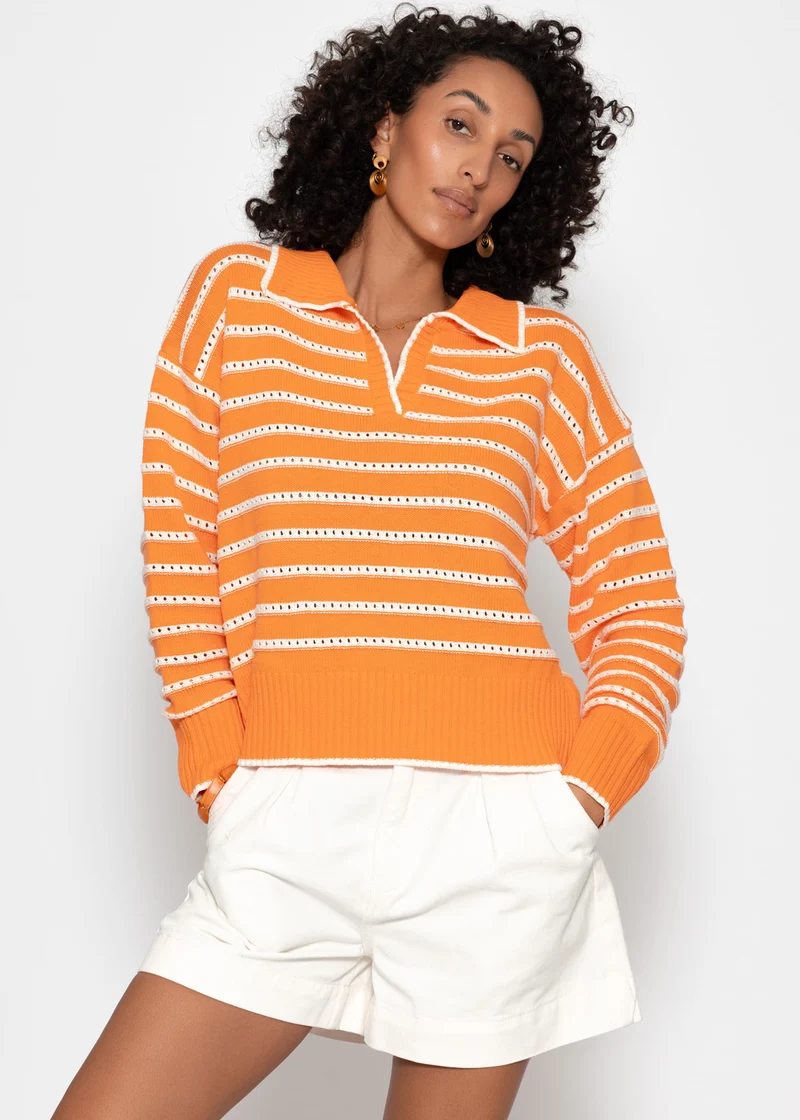 Feinstrickpullover mit Polokragen und Ajourstreifen - orange