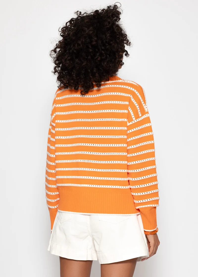 Feinstrickpullover mit Polokragen und Ajourstreifen - orange