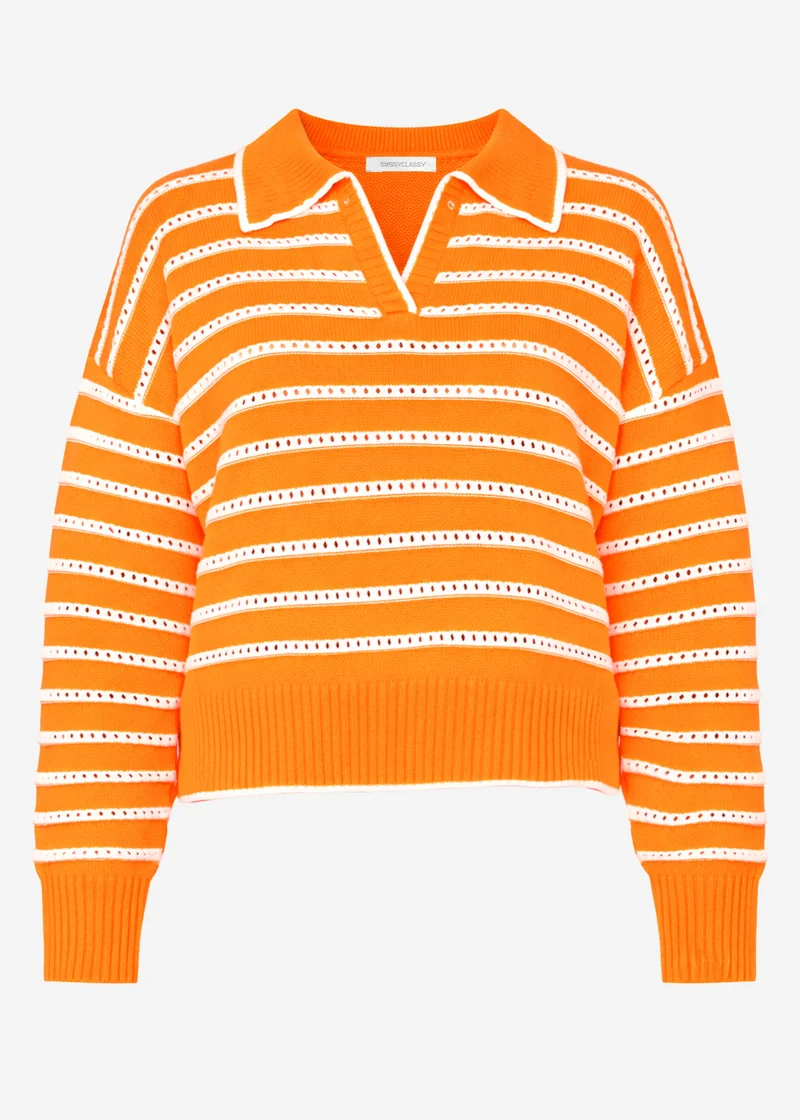 Feinstrickpullover mit Polokragen und Ajourstreifen - orange