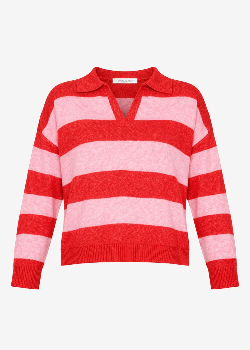 Gestreifter Pullover mit Polokragen - pink-rot