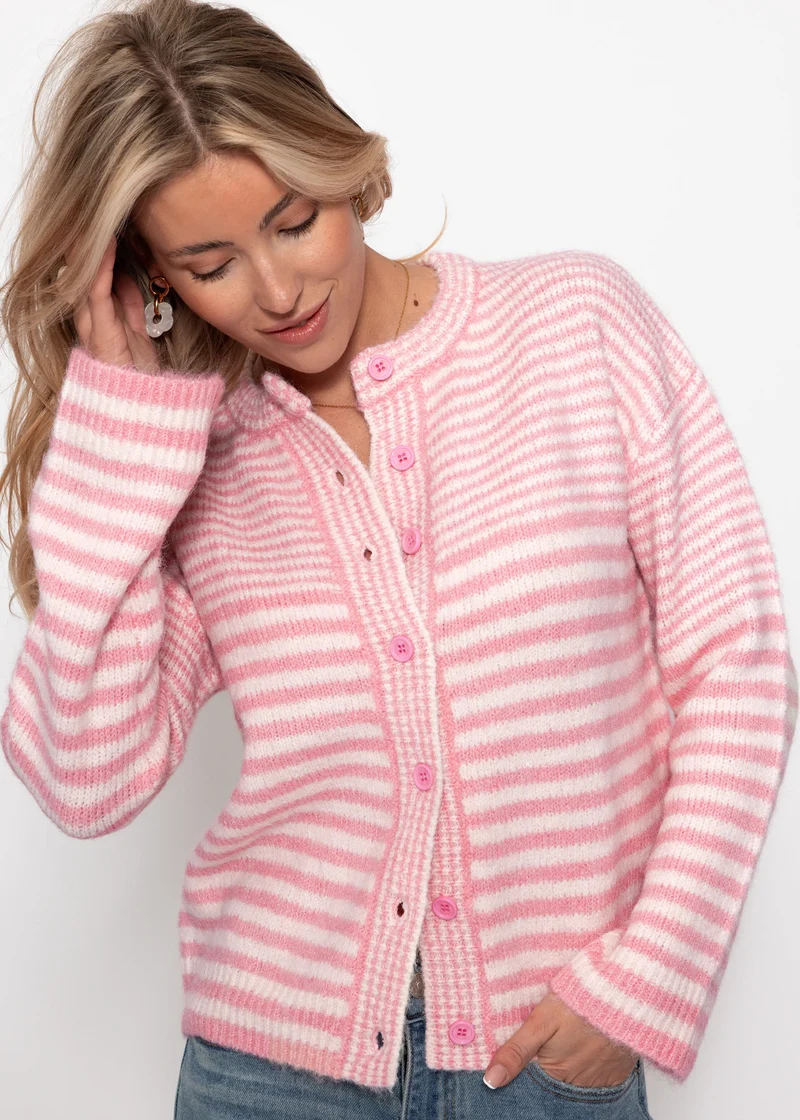 Strickjacke mit grafischem Streifenbild - rosa