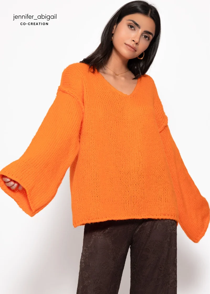 Oversize Pullover mit V-Neck und weiten Ärmeln - orange