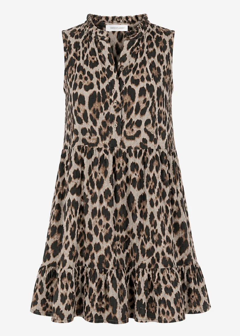 Ärmelloses Musselin Kleid mit Volants und Leo-Print - grau