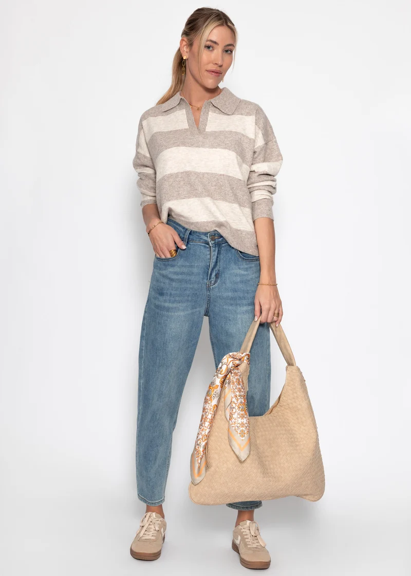 Gestreifter Pullover mit Polokragen - beige-taupe