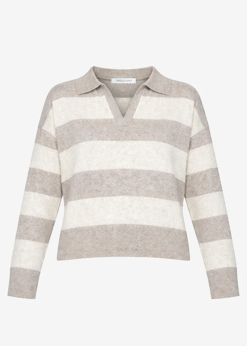 Gestreifter Pullover mit Polokragen - beige-taupe