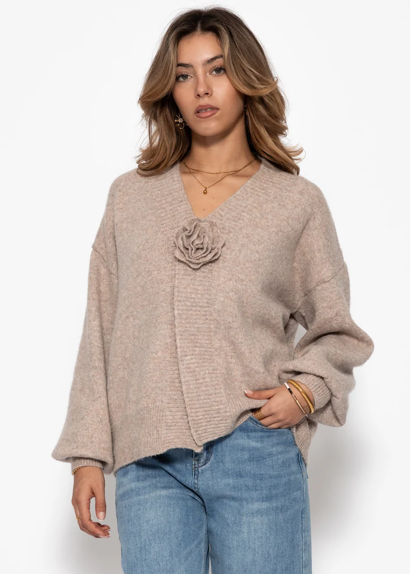 Strickjacke mit Blumenapplikation - taupe