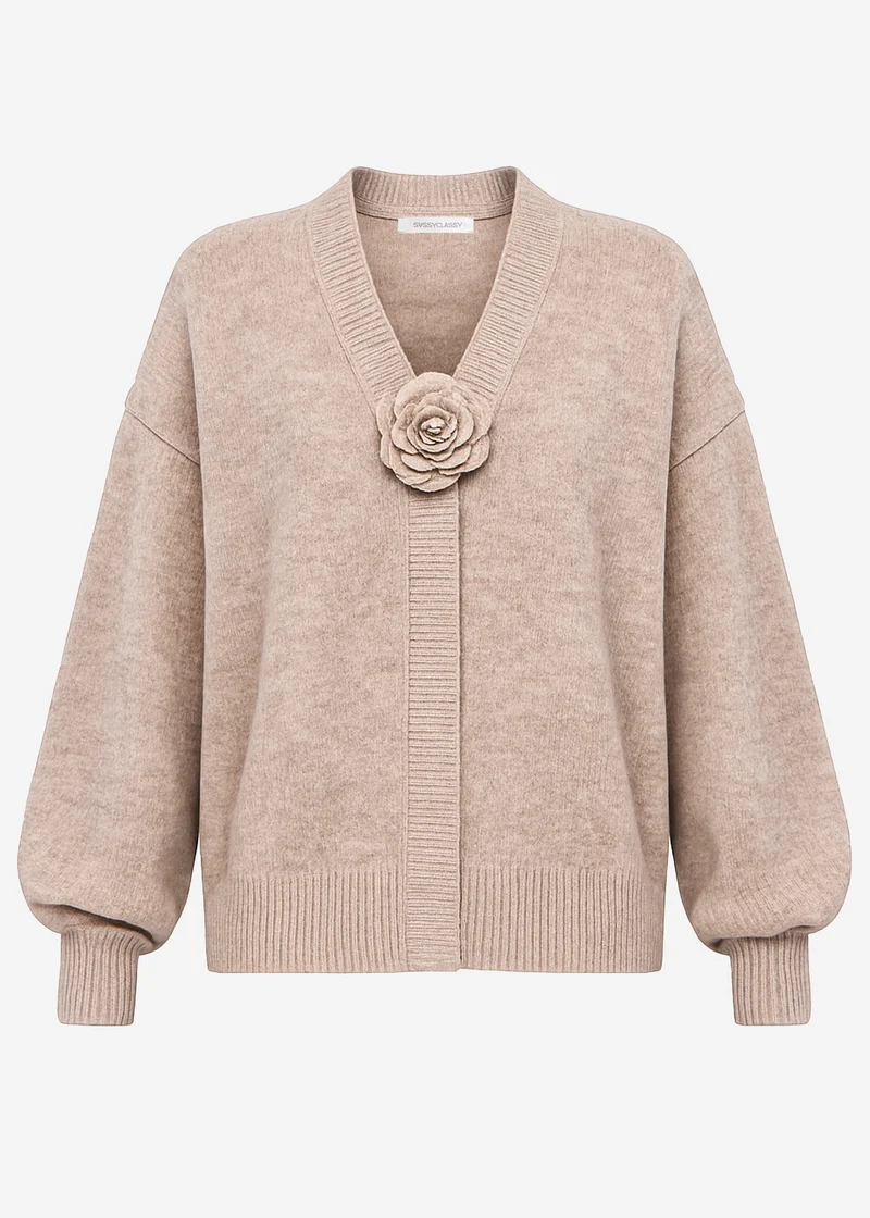 Strickjacke mit Blumenapplikation - taupe