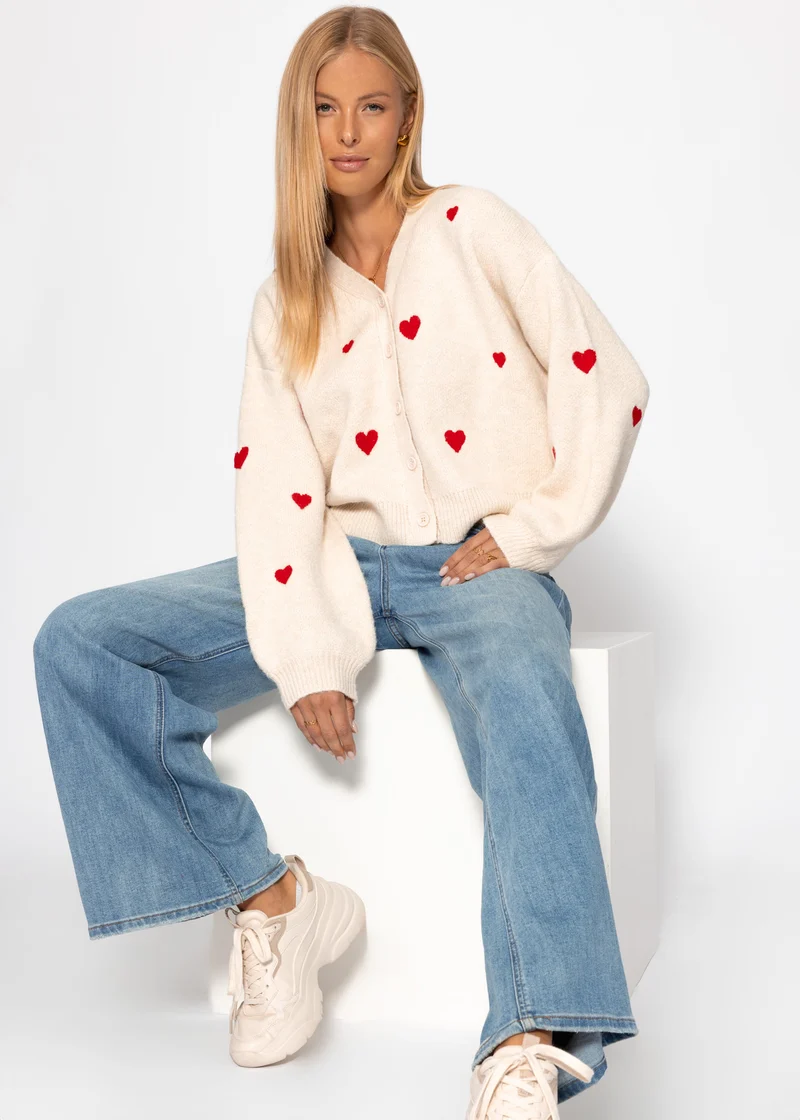 Cardigan mit roten Herzen - offwhite