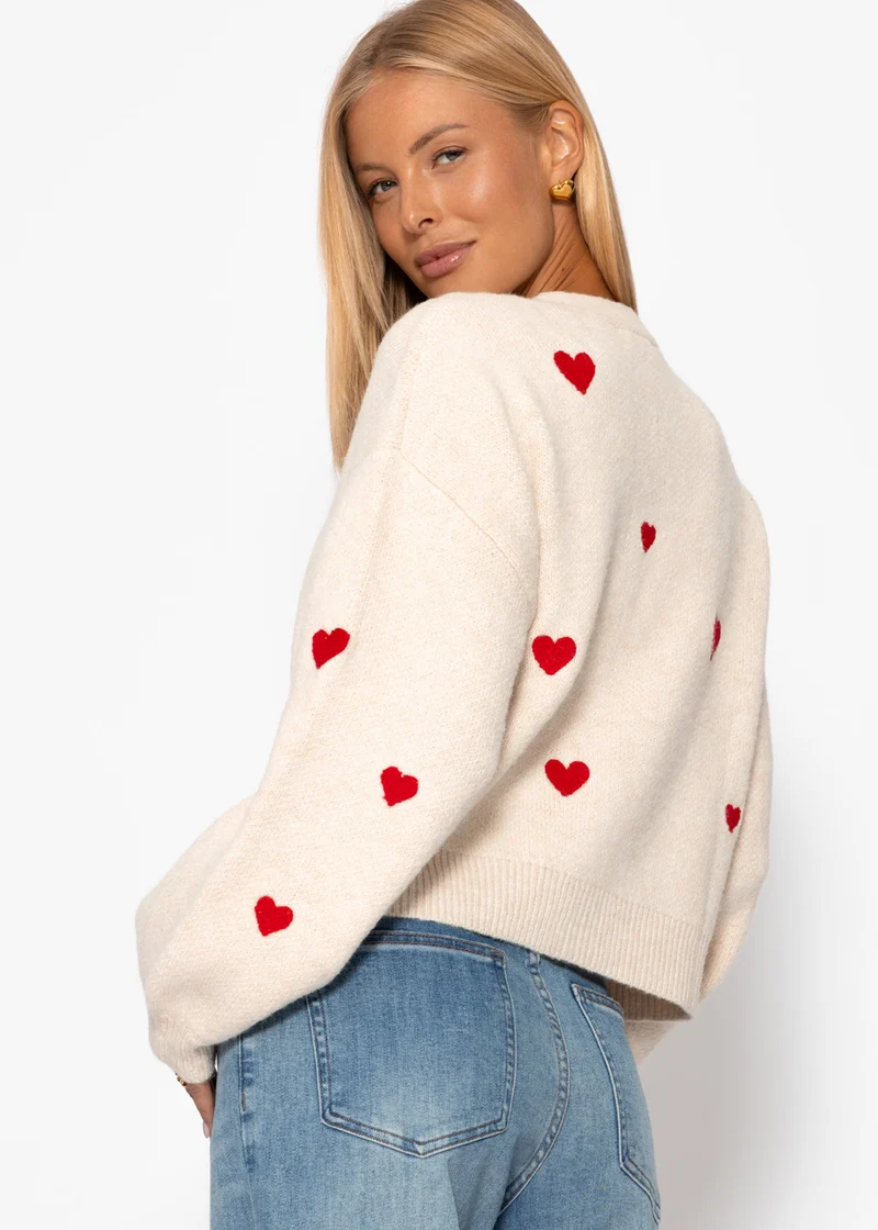 Cardigan mit roten Herzen - offwhite