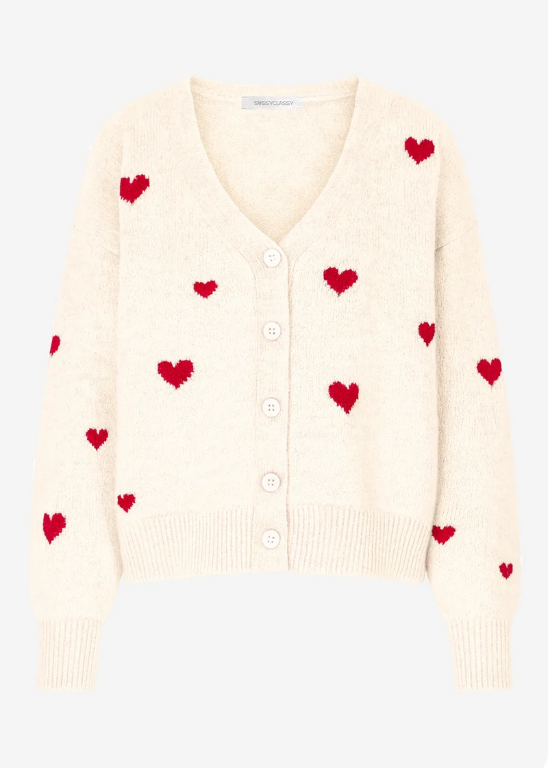 Cardigan mit roten Herzen - offwhite
