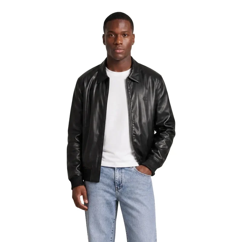 Calvin Klein Jeans Herren schwarzer Stehkragen-Blazer mit Reißverschluss aus Polyester, Größe L