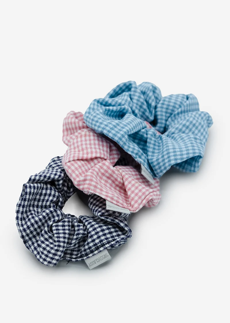 3er Set Scrunchies kariert - schwarz-blau-rosa