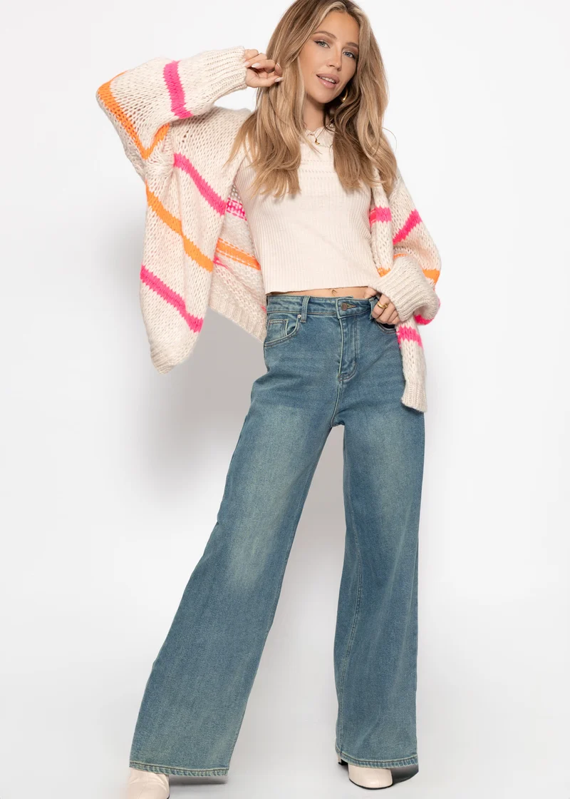 Oversize Cardigan mit pink und orange Streifen - offwhite