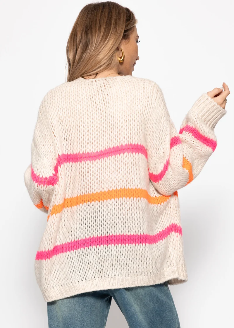 Oversize Cardigan mit pink und orange Streifen - offwhite