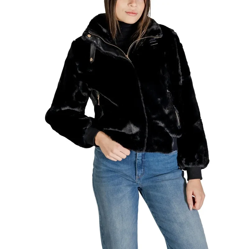 Schwarzer Polyester-Blazer mit Reißverschluss und Taschen für Damen
