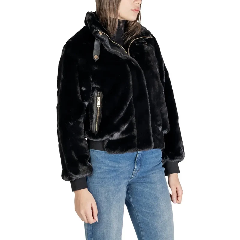 Schwarzer Polyester-Blazer mit Reißverschluss und Taschen für Damen