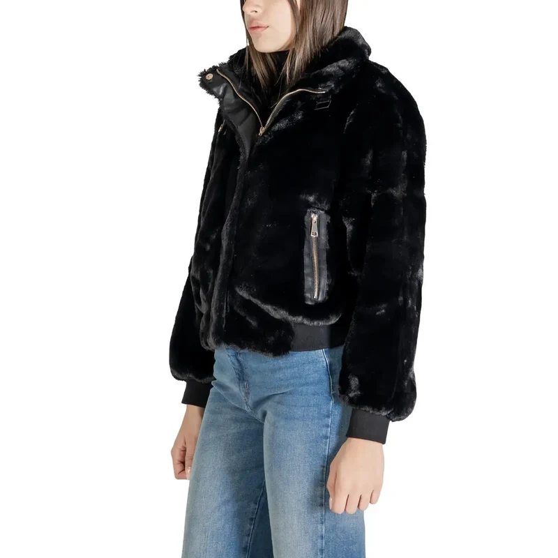 Schwarzer Polyester-Blazer mit Reißverschluss und Taschen für Damen