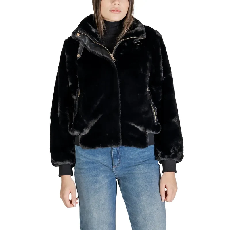 Schwarzer Polyester-Blazer mit Reißverschluss und Taschen für Damen
