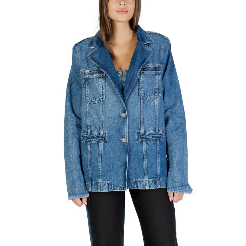Blauer Langarm-Blazer mit Vordertaschen für Damen