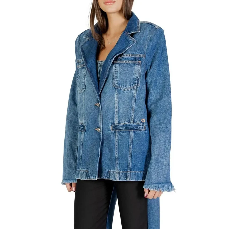 Blauer Langarm-Blazer mit Vordertaschen für Damen