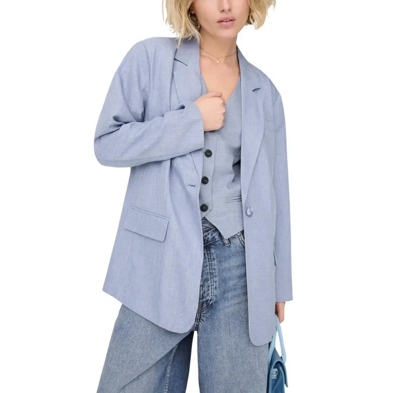 Hellblauer Damen-Blazer mit Knopfleiste und Taschen
