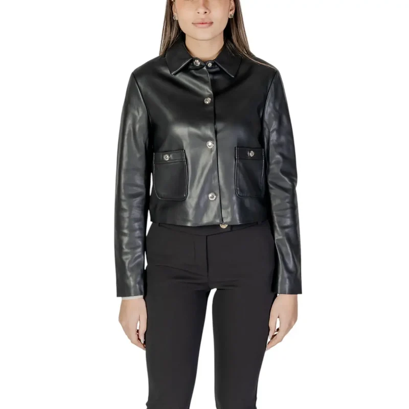 Schwarzer langer Blazer aus Polyurethan mit Vordertaschen