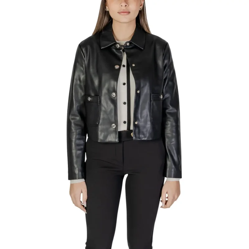 Schwarzer langer Blazer aus Polyurethan mit Vordertaschen