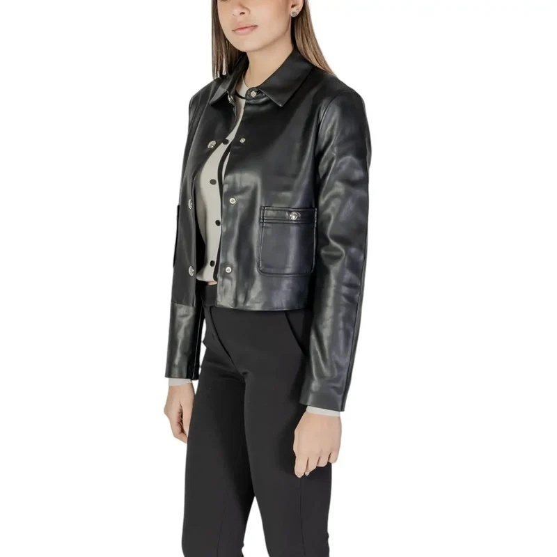 Schwarzer langer Blazer aus Polyurethan mit Vordertaschen