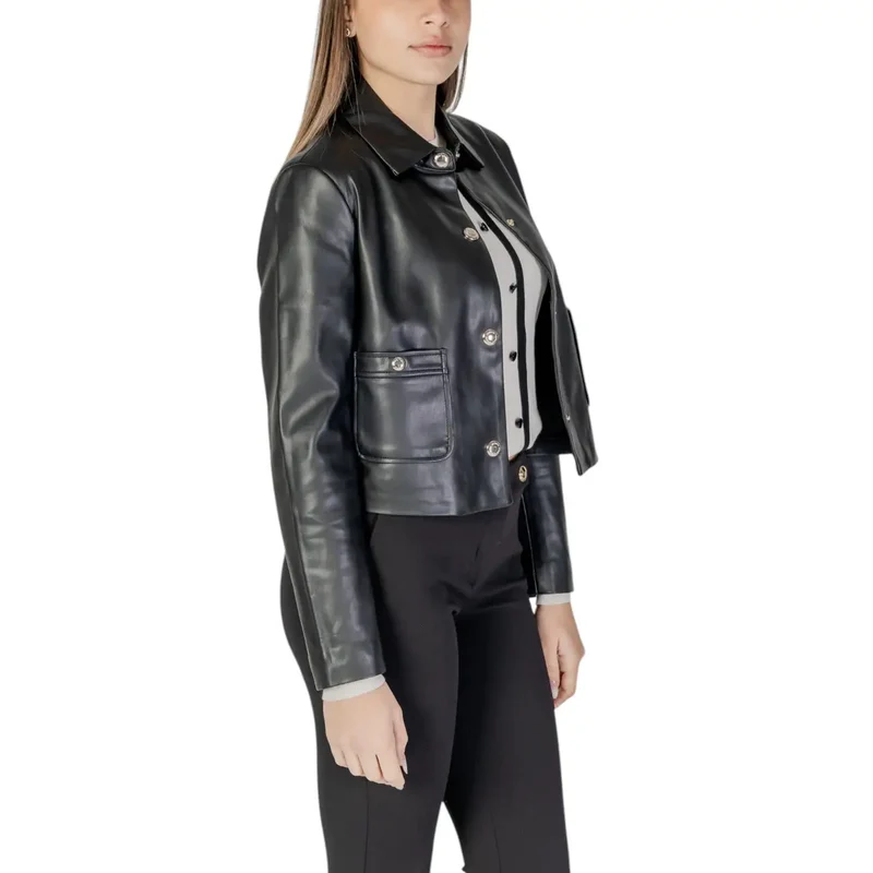 Schwarzer langer Blazer aus Polyurethan mit Vordertaschen