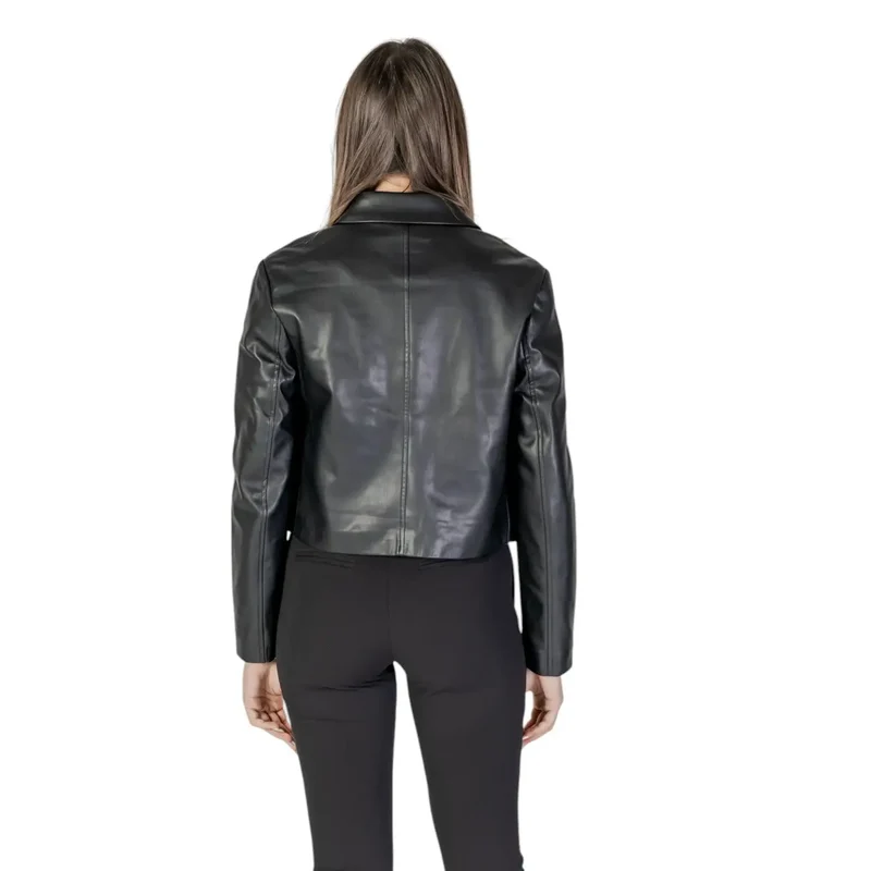 Schwarzer langer Blazer aus Polyurethan mit Vordertaschen