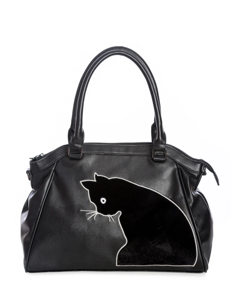 Tasche Sabrina, Schwarz mit Katzenapplikation