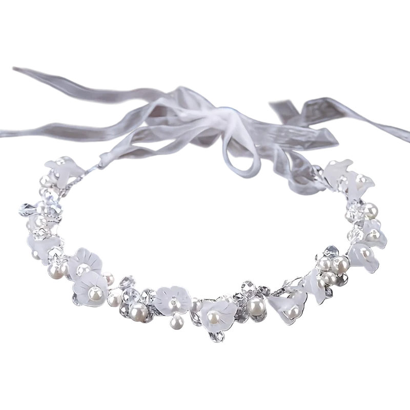 Elodie Weiss floral hair wreath with crystal stones