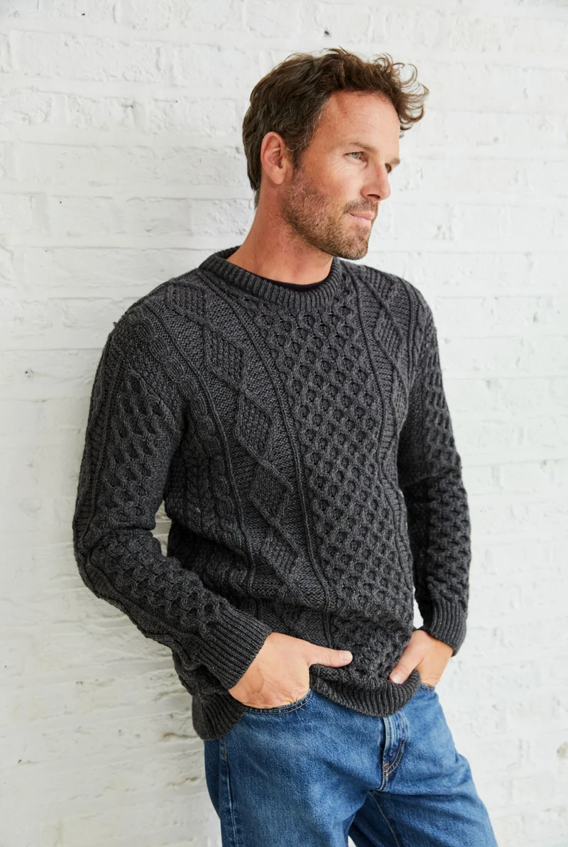 Éireann Mens Traditional Aran Supersoft Merino Sweater - Grey