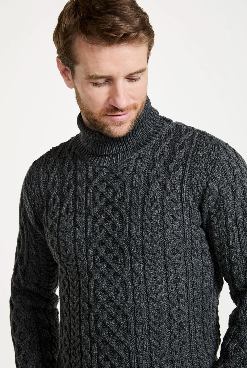 Kylemore Mens Aran Polo Neck Sweater - Grey