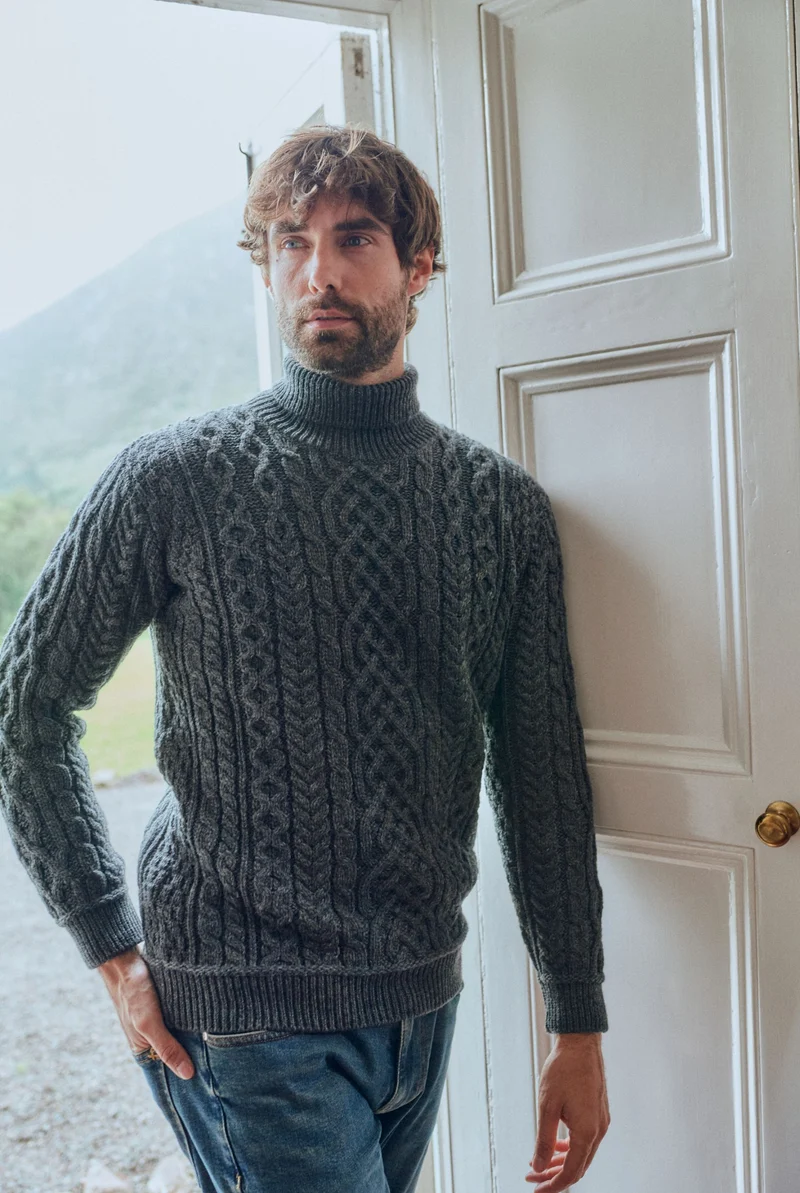 Kylemore Mens Aran Polo Neck Sweater - Grey
