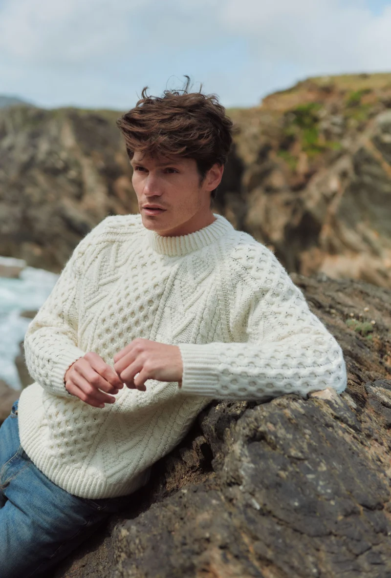 Kilronan Aran Mens Honeycomb Sweater - Cream