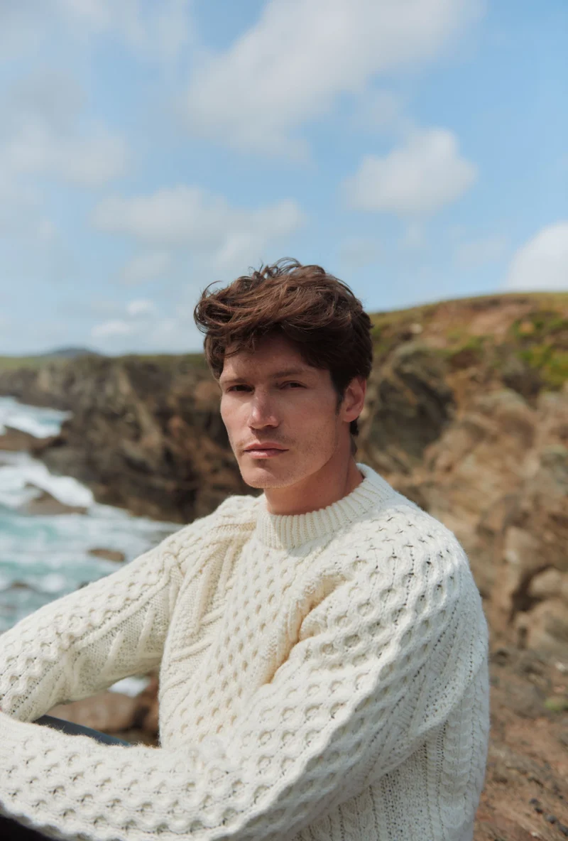 Kilronan Aran Mens Honeycomb Sweater - Cream