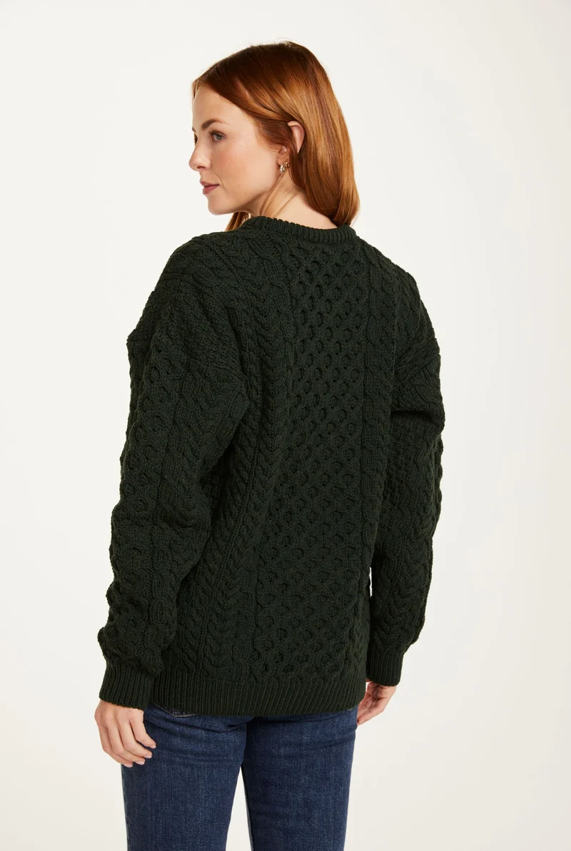 Inisheer Traditional Ladies Merino Aran Sweater - Forest Green