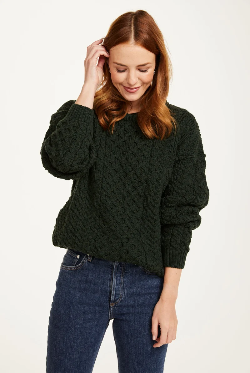 Inisheer Traditional Ladies Merino Aran Sweater - Forest Green
