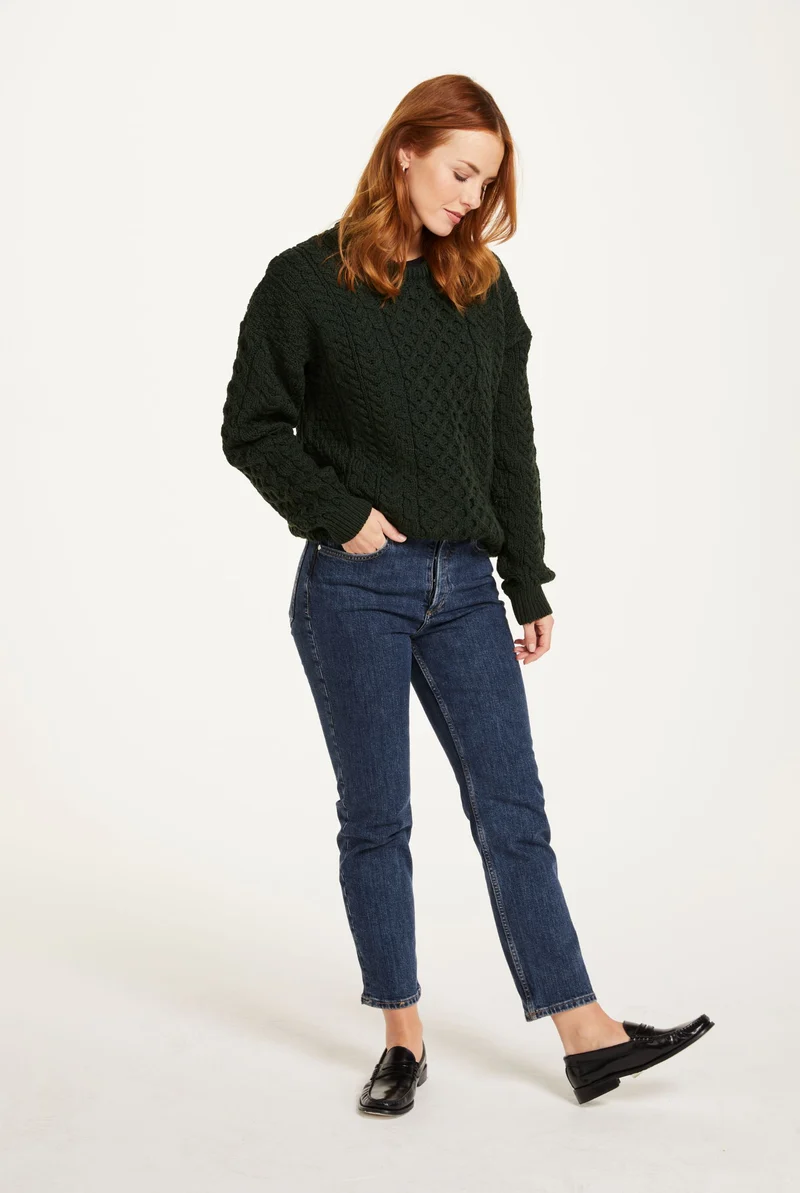 Inisheer Traditional Ladies Merino Aran Sweater - Forest Green