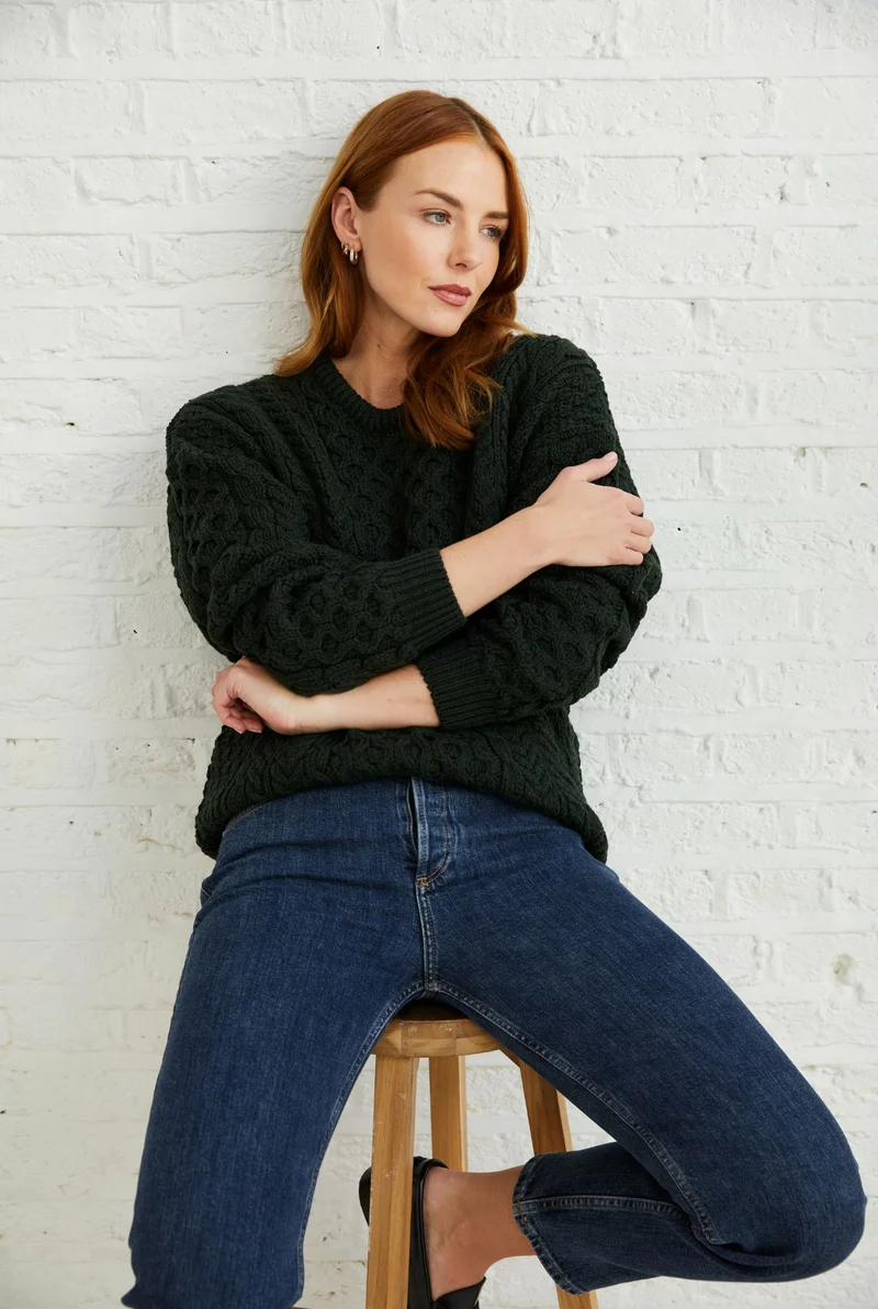 Inisheer Traditional Ladies Merino Aran Sweater - Forest Green
